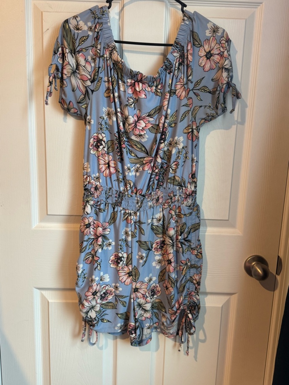 Derek Heart Light Blue Floral Off-Shoulder Romper with Pink Accents
